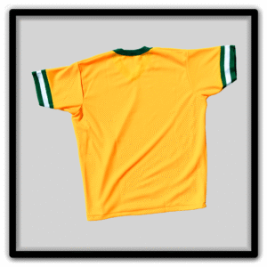 Yellow athletic ringer T-shirt shown from the back with green-and-white sleeve bands.