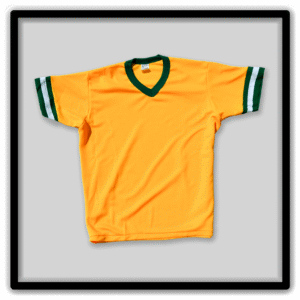Yellow athletic ringer T-shirt shown from the front with green V-neck and striped sleeve bands.