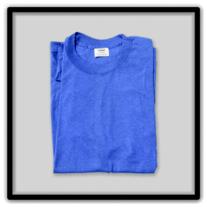Royal blue folded vintage T-shirt showing the collar and LARGE neck label.