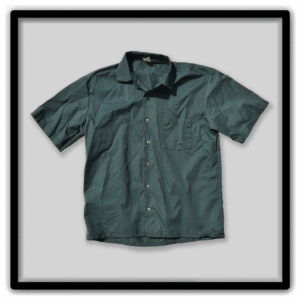 Dark green short-sleeve vintage workwear shirt shown from the front.