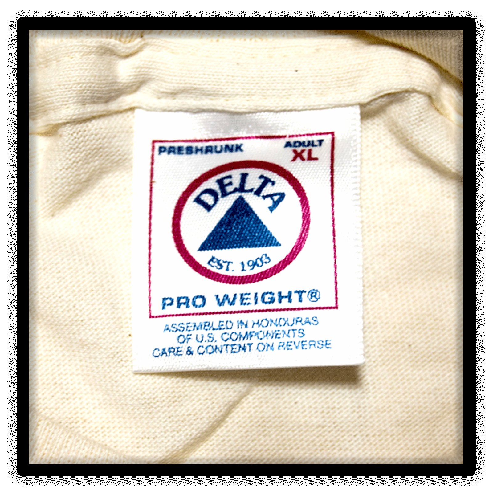 Collar Tag Detail on a vintage cream double-stitch blank T-shirt, size XL, from the Printer's Dozen