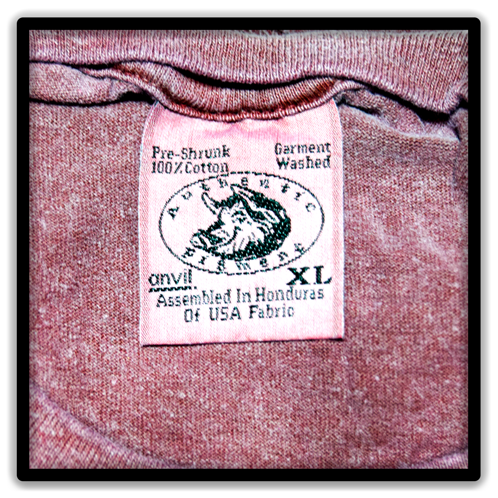 Collar Tag Detail on a vintage maroon double-stitch blank T-shirt, size XL, from the Printer's Dozen