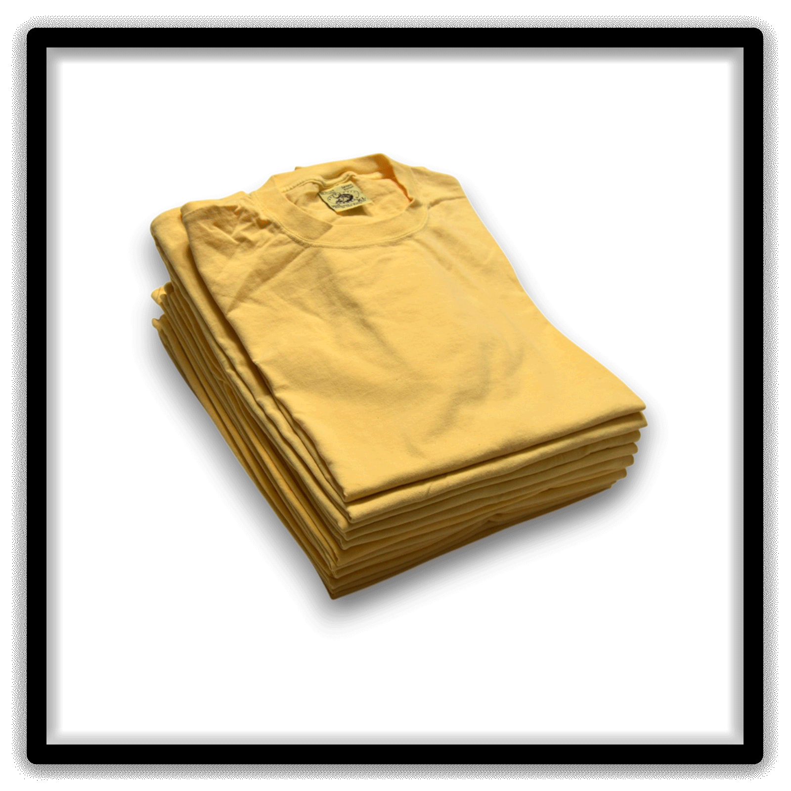 Stack Detail on a vintage yellow double-stitch blank T-shirt, size XL, from the Printer's Dozen