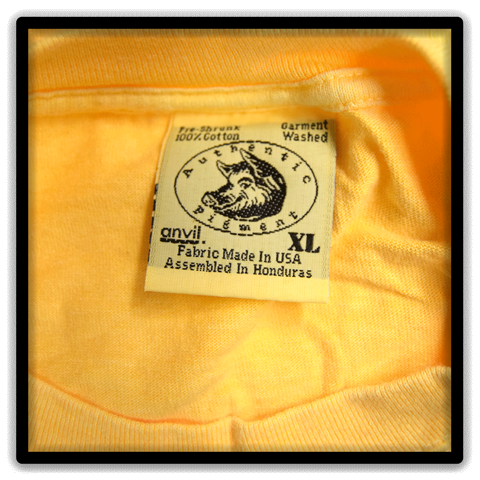 Collar Tag Detail on a vintage yellow double-stitch blank T-shirt, size XL, from the Printer's Dozen