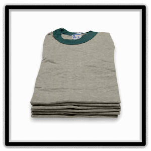 Heather gray and green vintage ringer T-shirt Printer's Half-Dozen, large, six-shirt front stack view