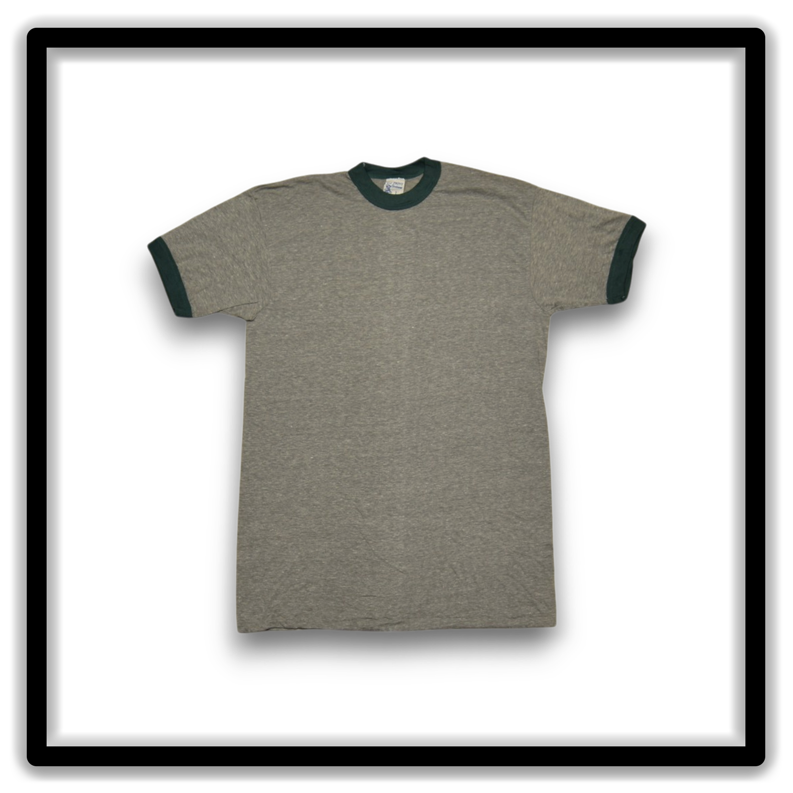 Heather gray and green vintage ringer T-shirt Printer's Half-Dozen, large, six-shirt full front view