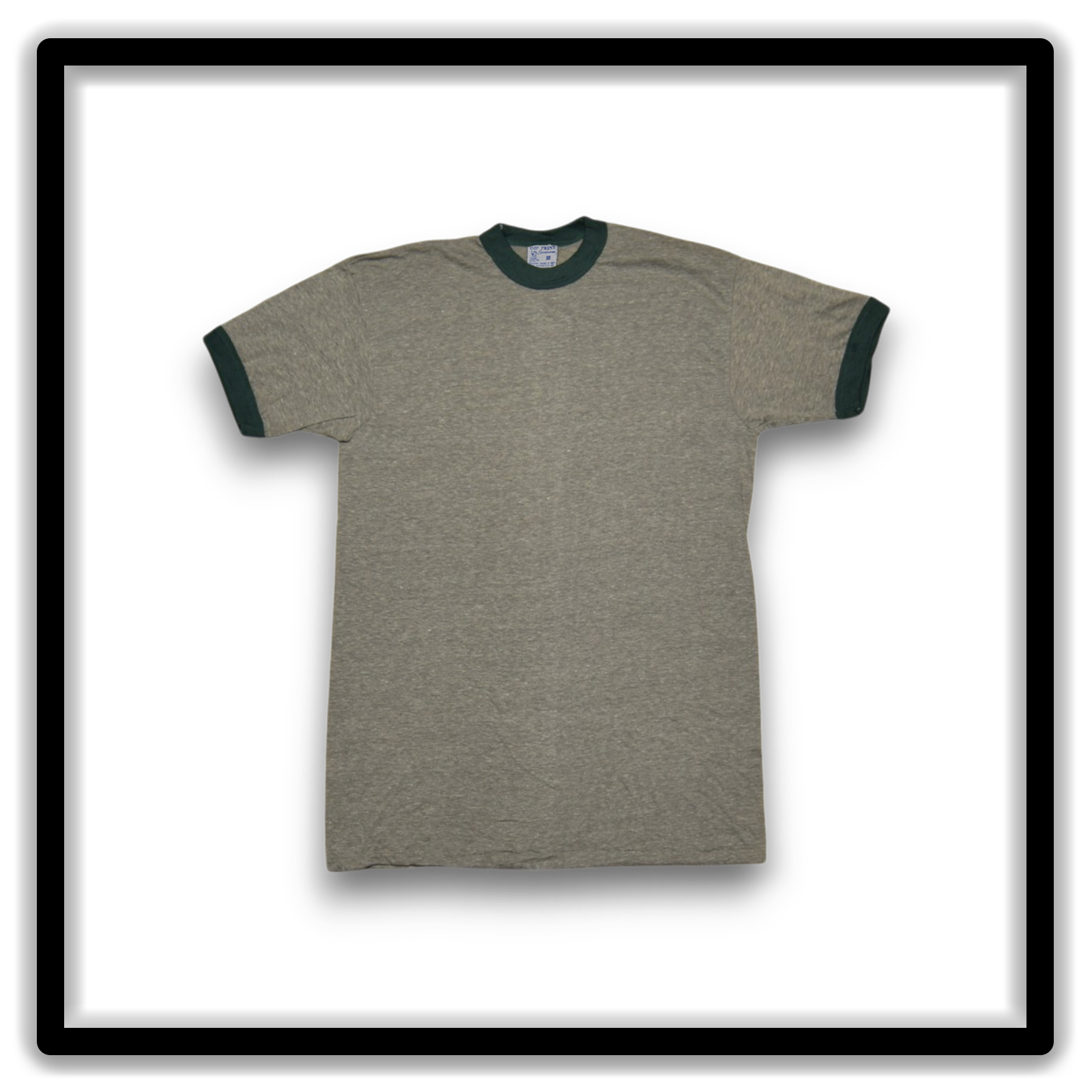 Heather gray and green vintage ringer T-shirt Printer's Half-Dozen, medium, six-shirt full front view