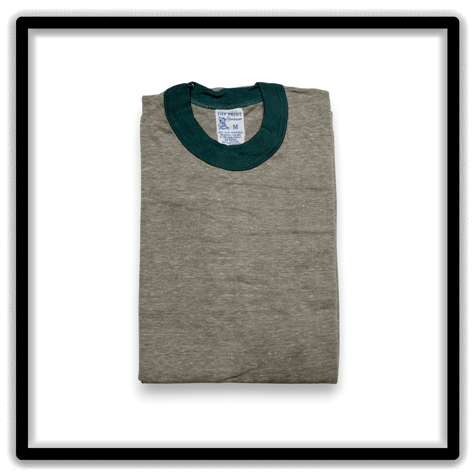 Heather gray and green vintage ringer T-shirt Printer's Half-Dozen, medium, six-shirt folded shirt view