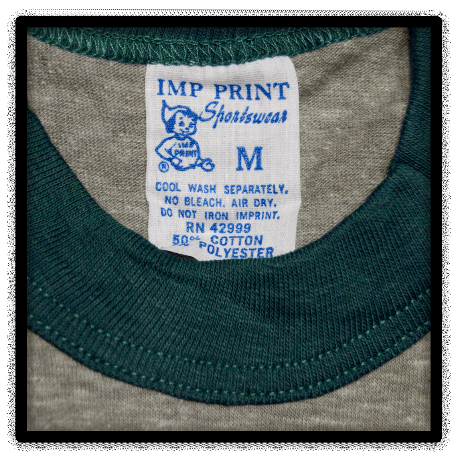 Heather gray and green vintage ringer T-shirt Printer's Half-Dozen, medium, six-shirt IMP Print Sportswear size tag detail