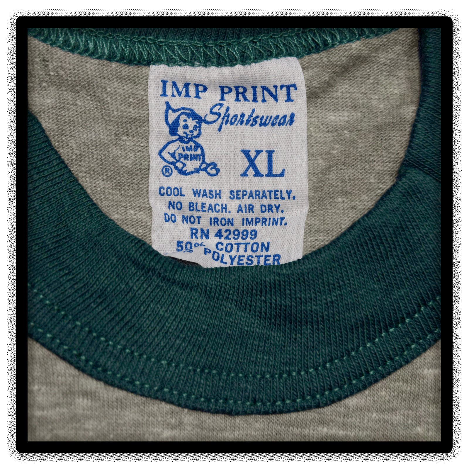 Heather gray and green vintage ringer T-shirt Printer's Half-Dozen, xl, six-shirt IMP Print Sportswear size tag detail