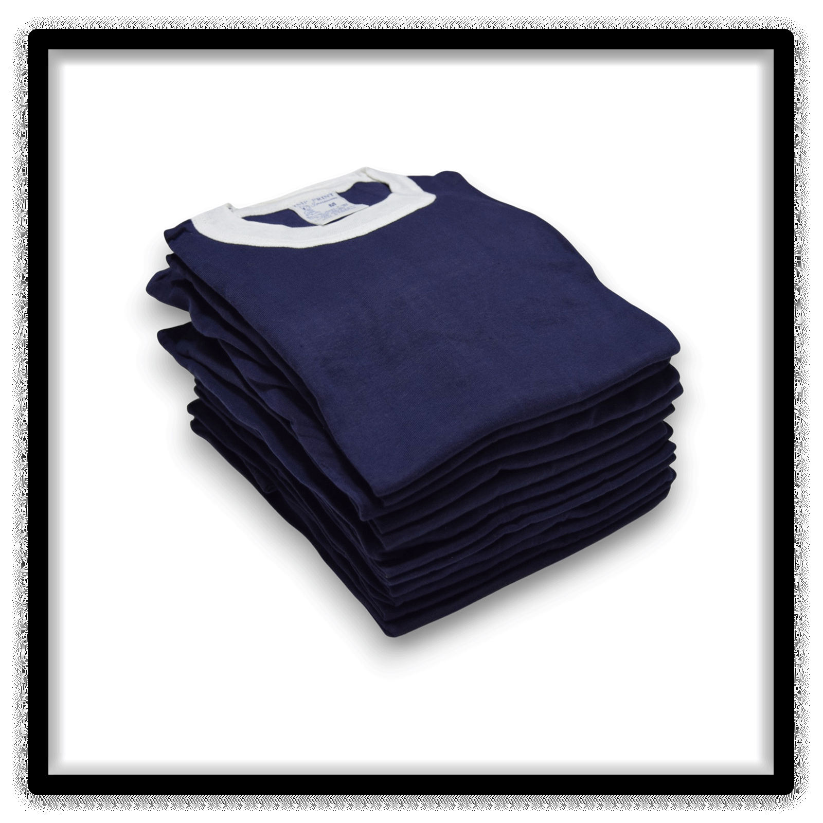 Printer's Dozen of 12 Navy and White medium vintage ringer blank T-shirts, angle view