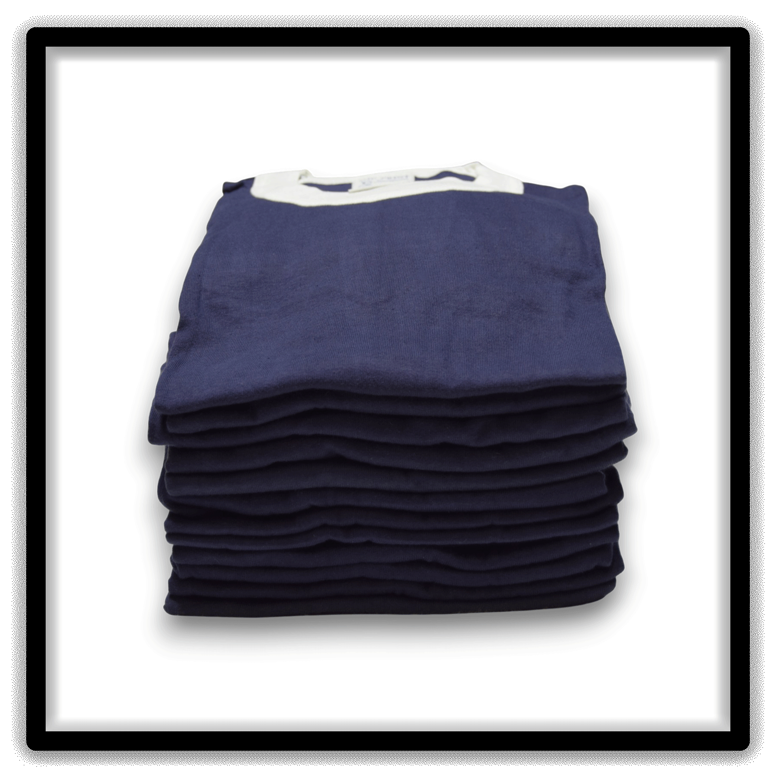 Printer's Dozen of 12 Navy and White medium vintage ringer blank T-shirts, front stack view