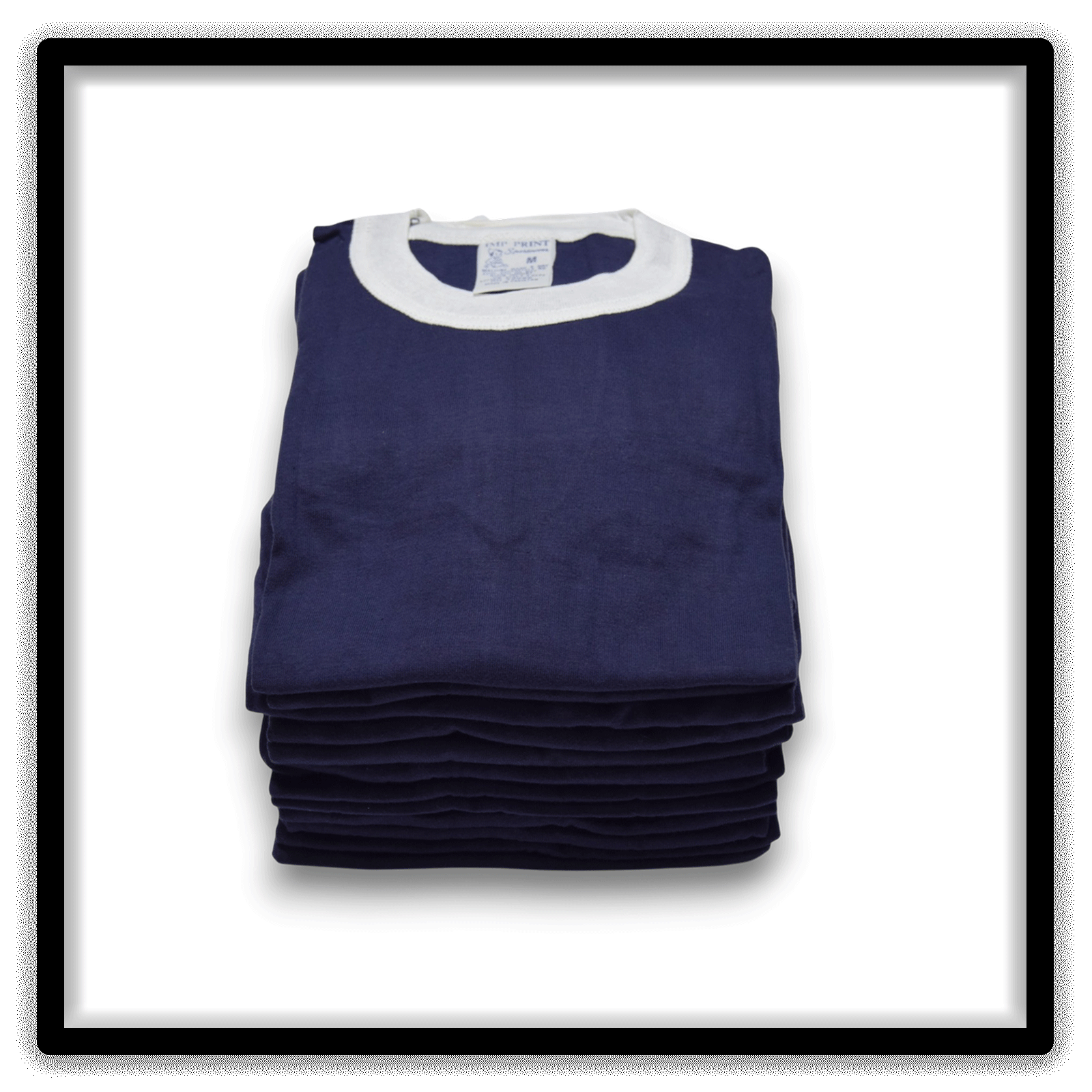 Printer's Dozen of 12 Navy and White medium vintage ringer blank T-shirts, vertical stack view
