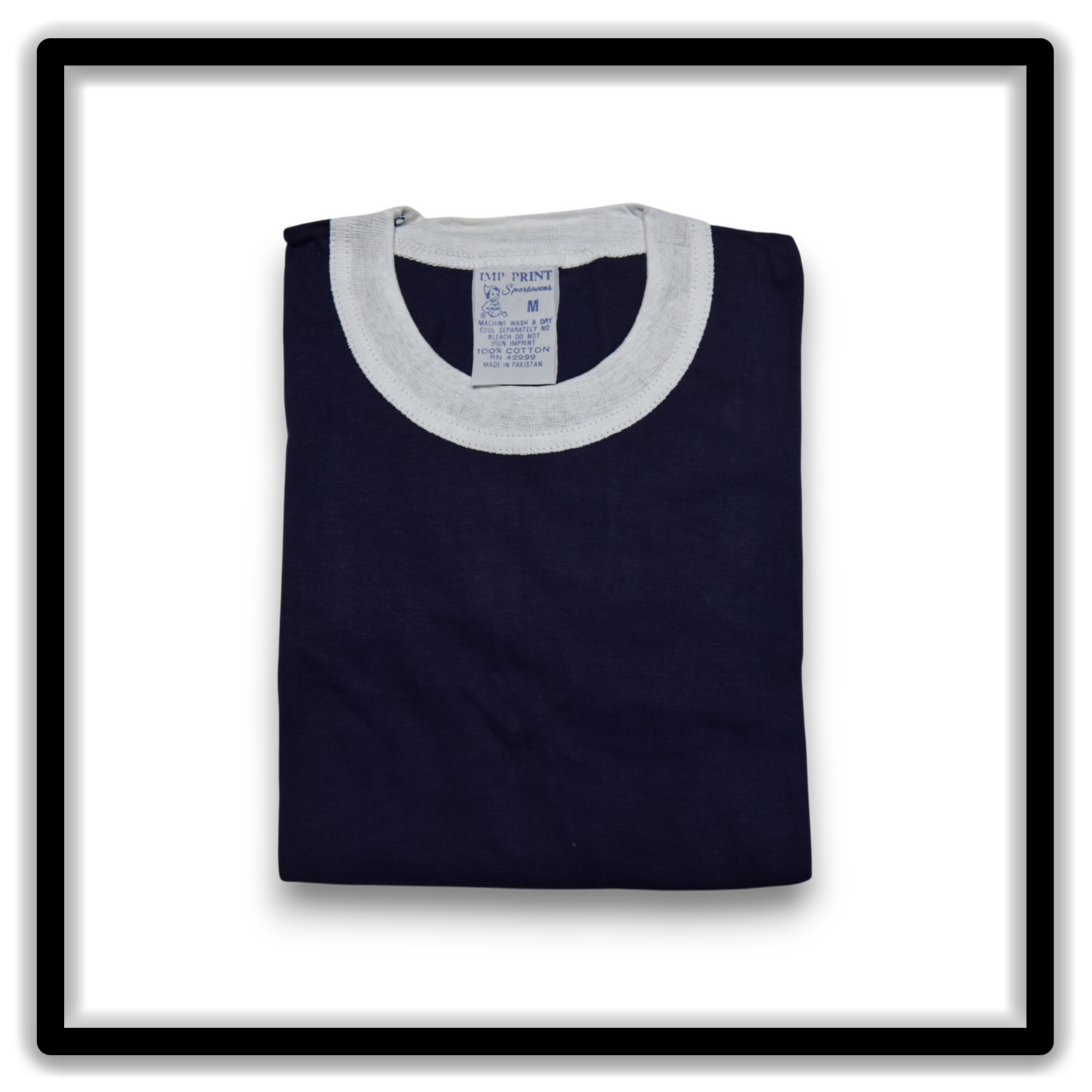 Printer's Dozen of 12 Navy and White medium vintage ringer blank T-shirts, folded shirt view
