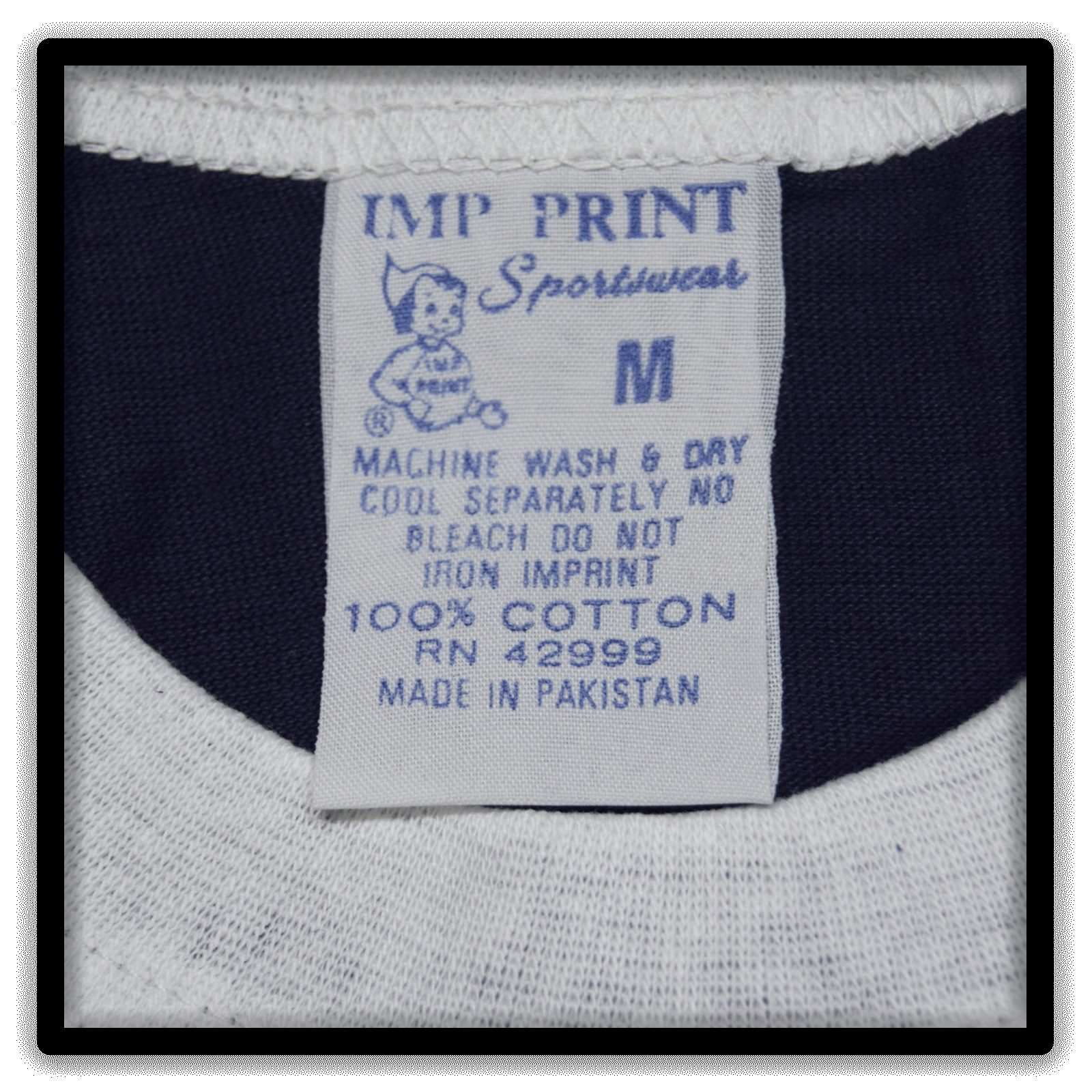 Printer's Dozen of 12 Navy and White medium vintage ringer blank T-shirts, tag detail view
