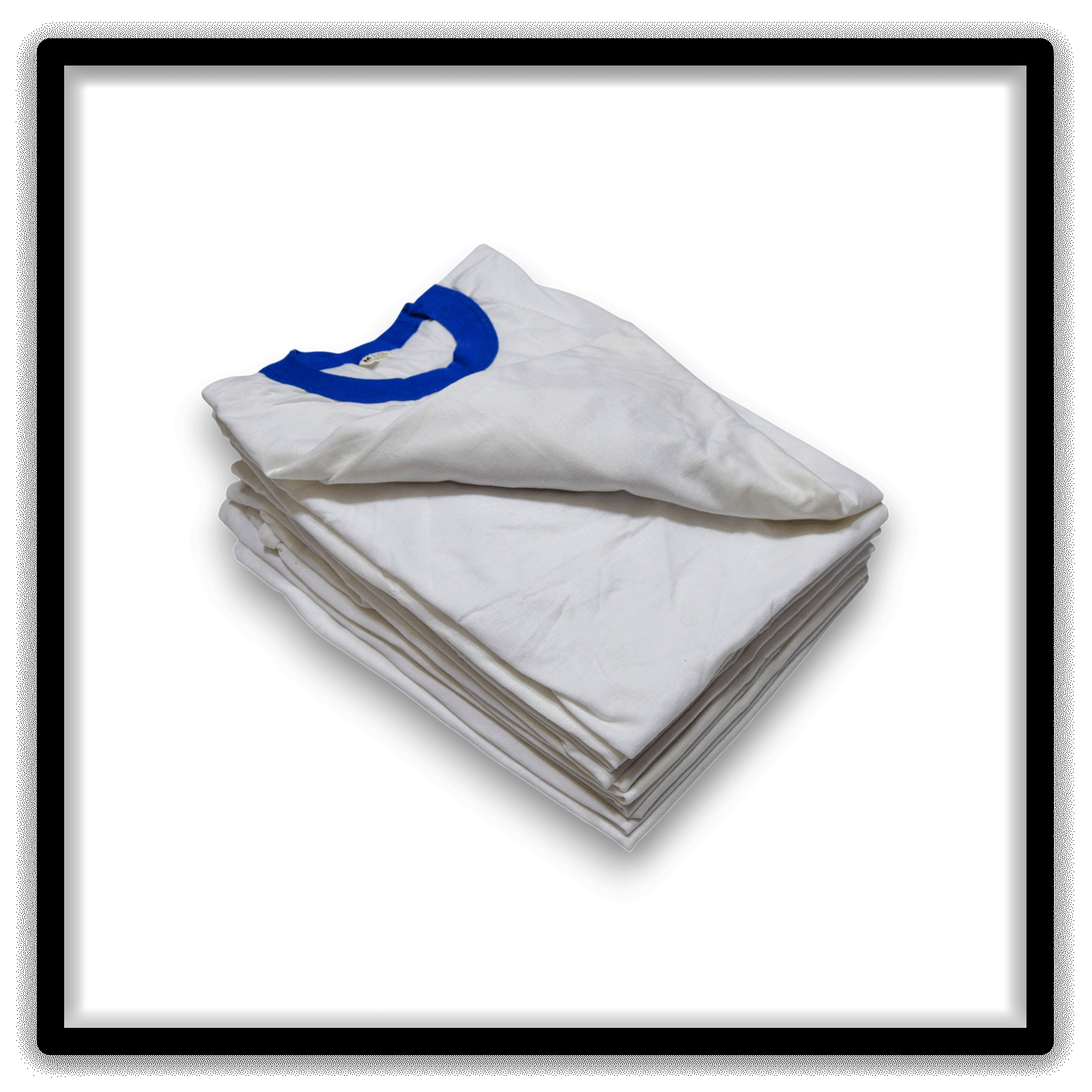 Printer's Dozen of 12 White and Blue medium vintage ringer blank T-shirts, angle view