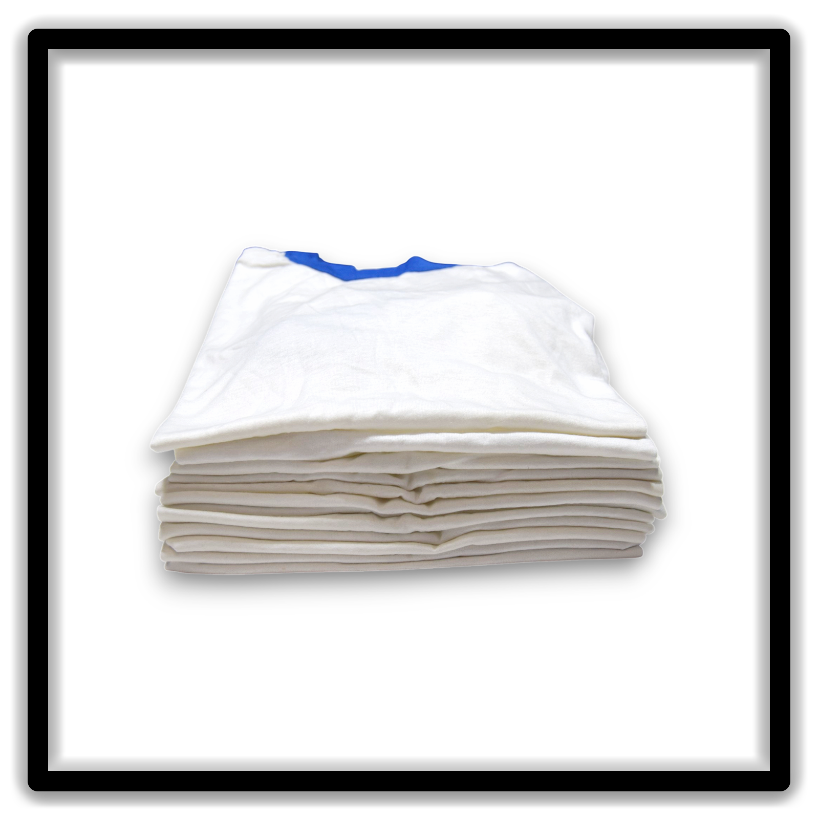 Printer's Dozen of 12 White and Blue medium vintage ringer blank T-shirts, side stack view