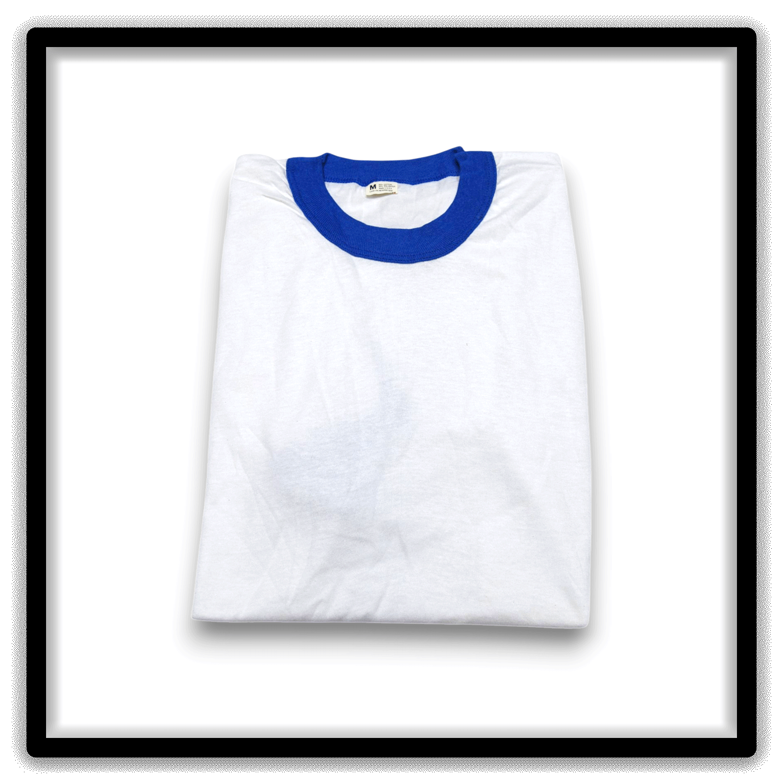 Printer's Half Dozen of 6 White and Blue medium vintage ringer blank T-shirts, folded shirt view