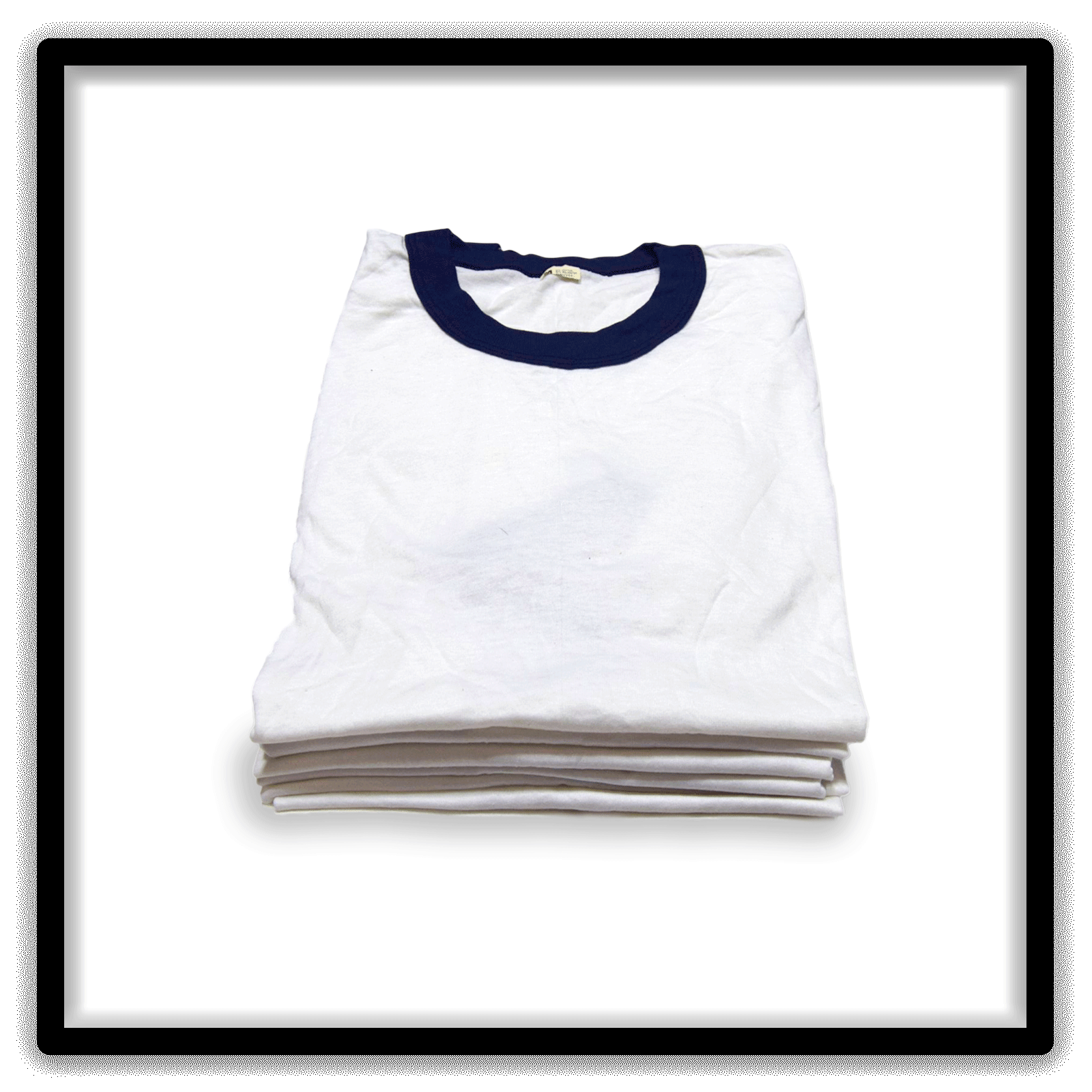Six white vintage ringer blank T-shirts with navy trim, size Medium, vertical stack