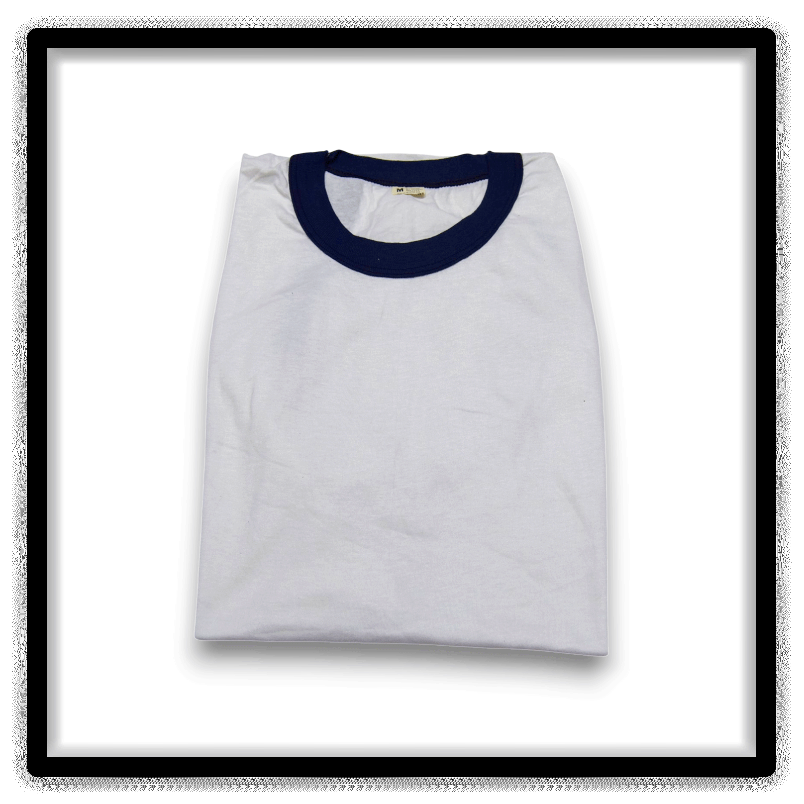 White vintage ringer blank T-shirt with navy trim, size Medium, folded detail