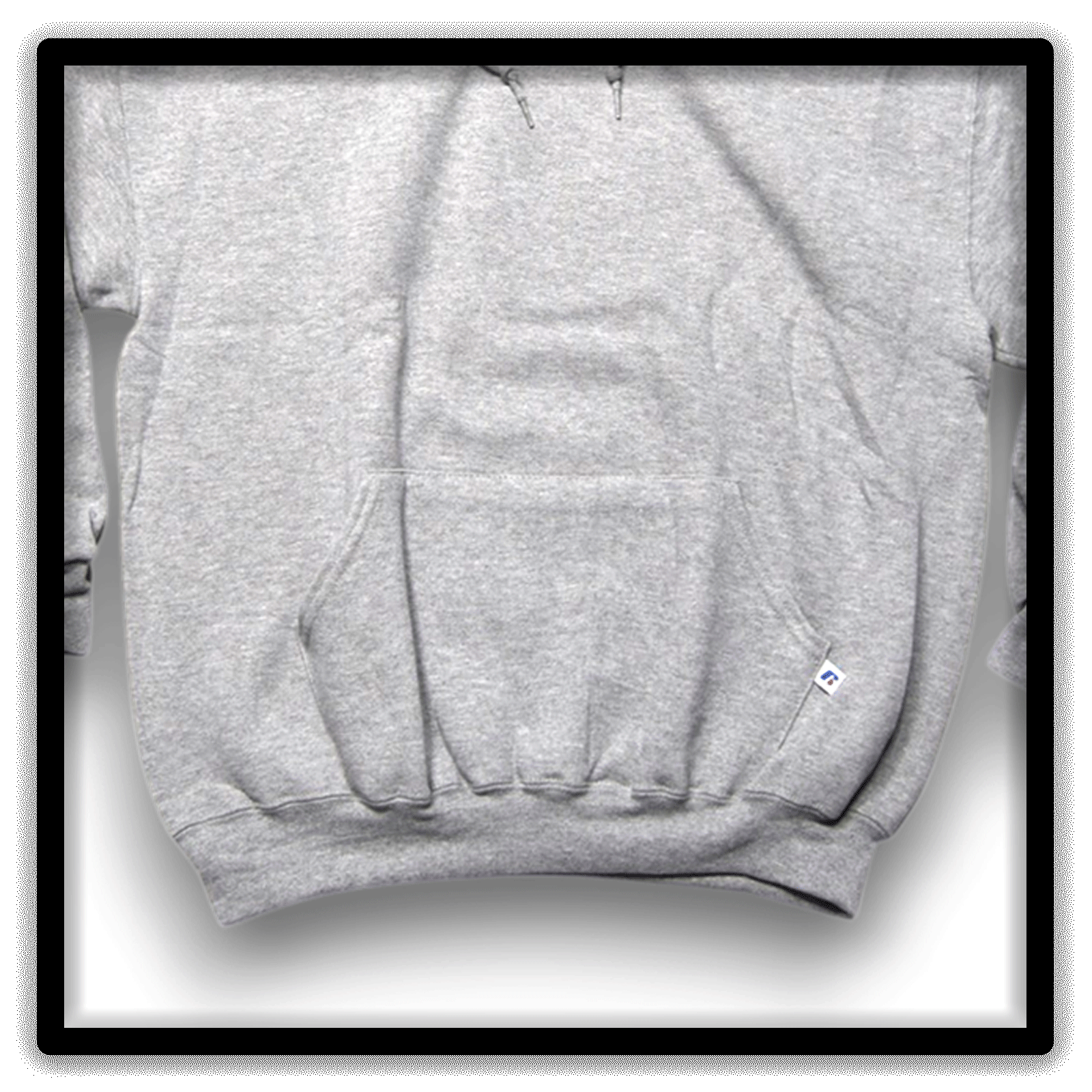 Vintage Russell Athletic heather gray blank hoodie, front pocket detail
