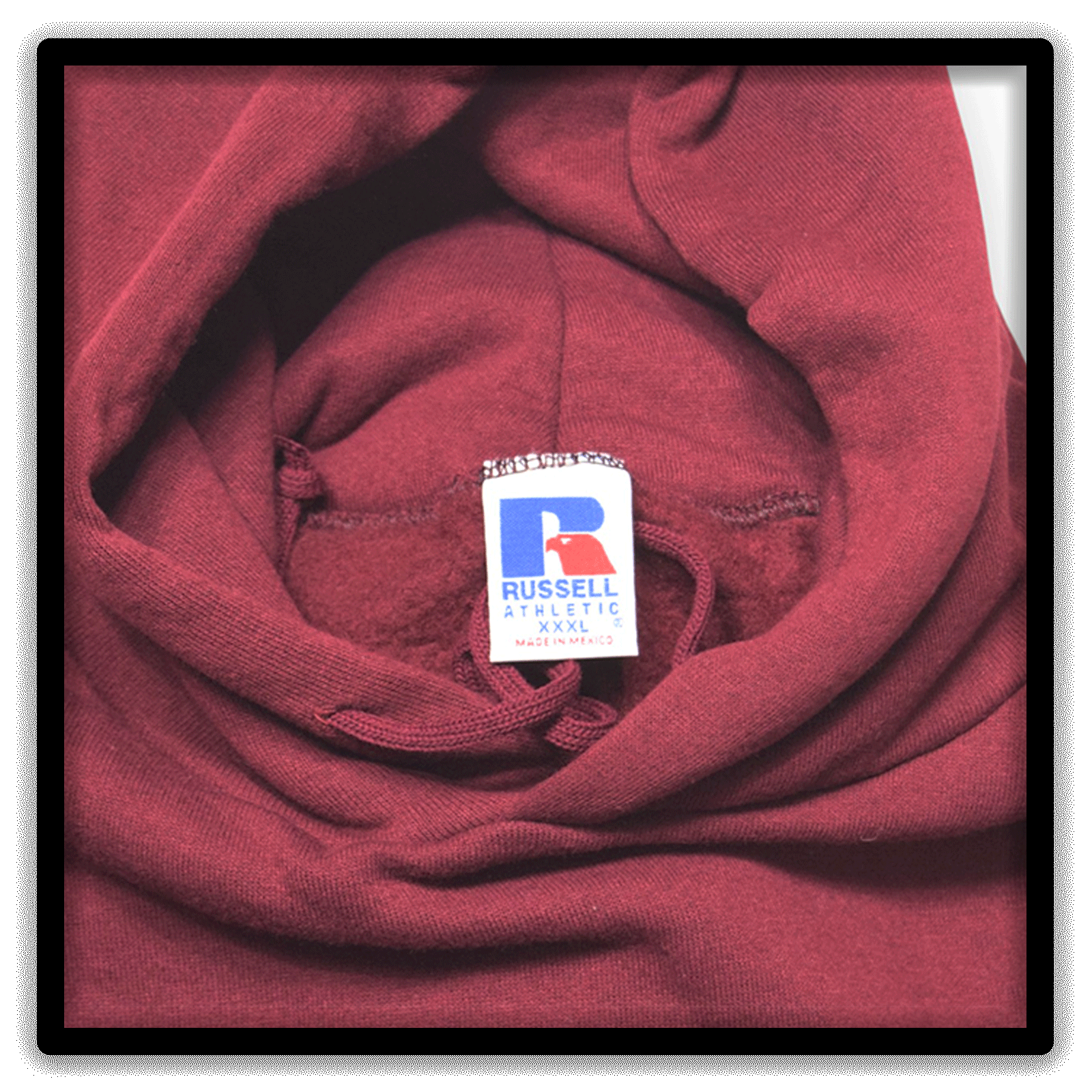 Vintage Russell Athletic maroon blank hoodie, Russell Athletic size XXXL tag detail