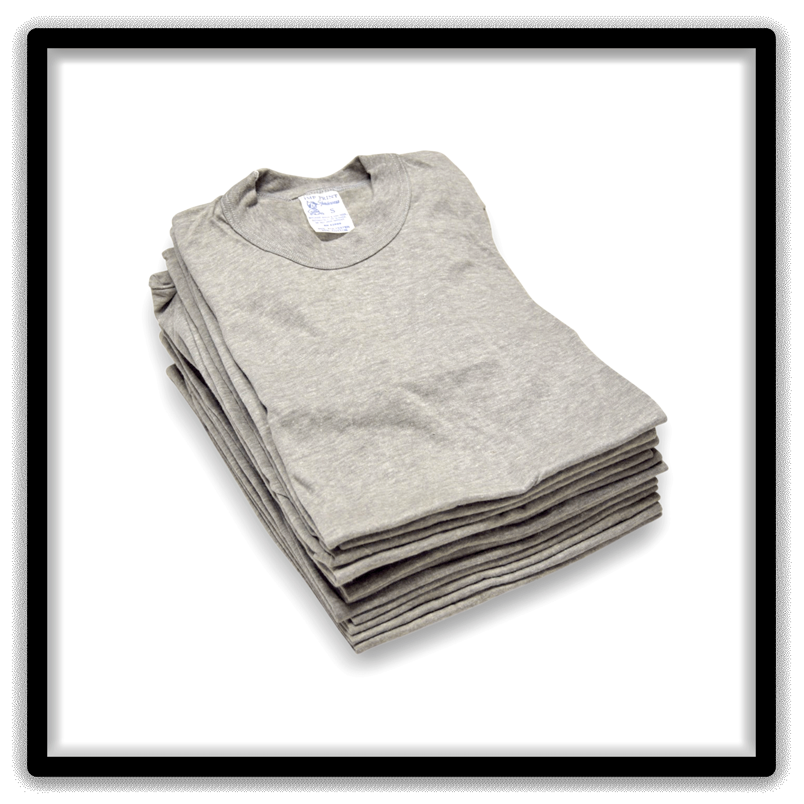 Printer's Dozen Heather Gray Small vintage single-stitch blank T-shirts, stack angle