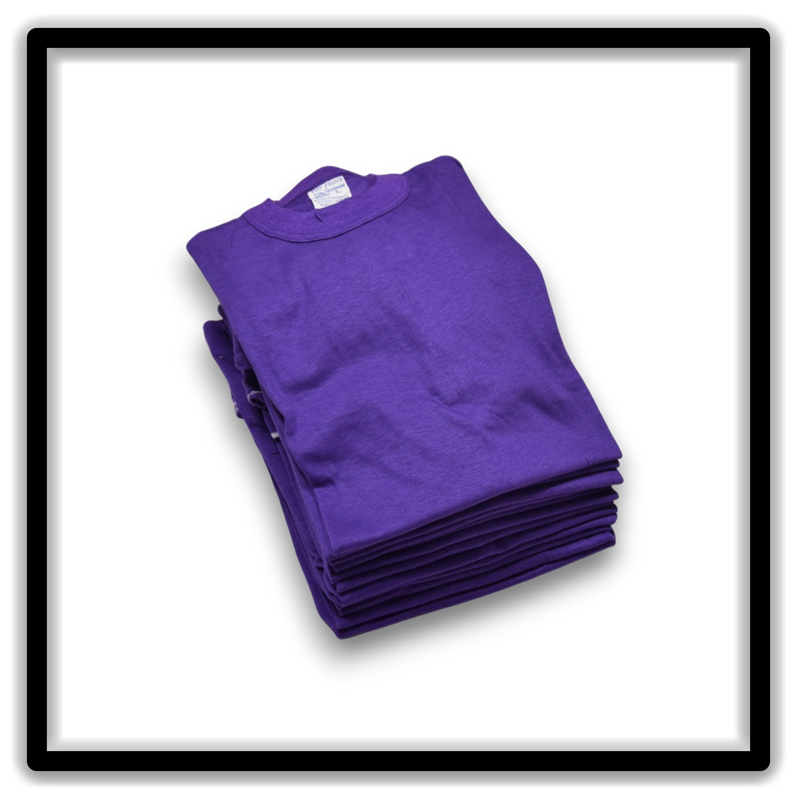 Printer's Dozen Purple Large vintage single-stitch blank T-shirts, stack angle