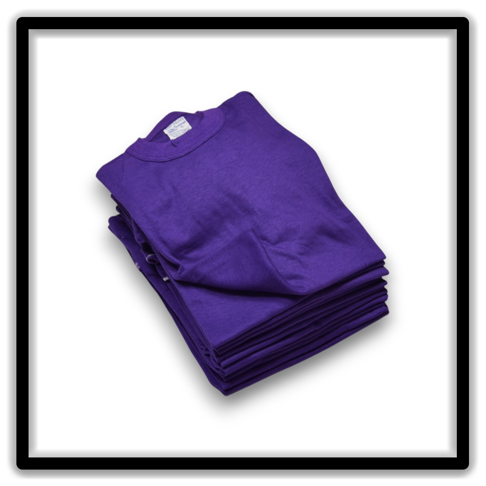 Printer's Dozen Purple Large vintage single-stitch blank T-shirts, stack angle alternate