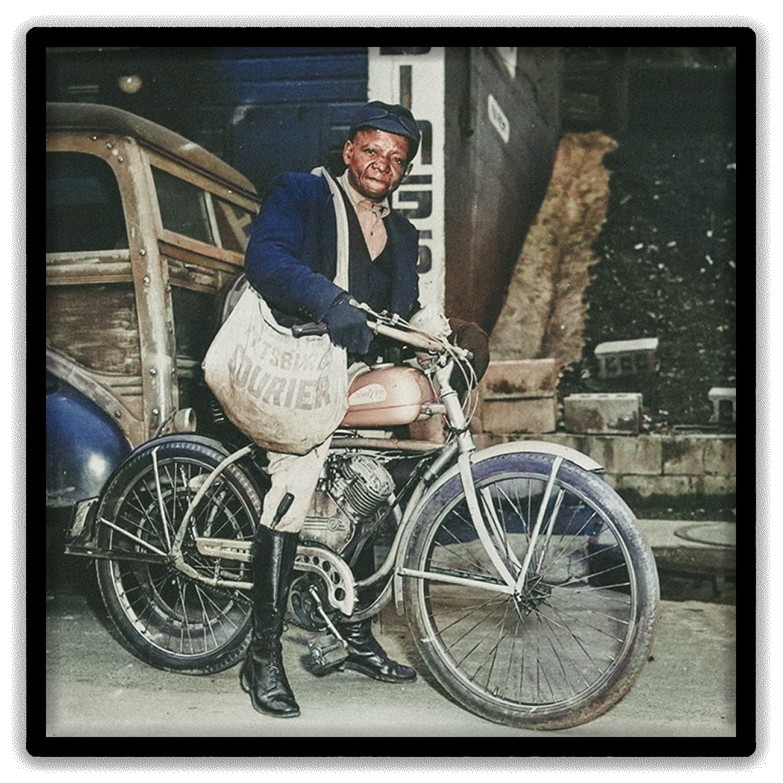 Historic newspaper carrier standing beside his bicycle with a canvas delivery bag.